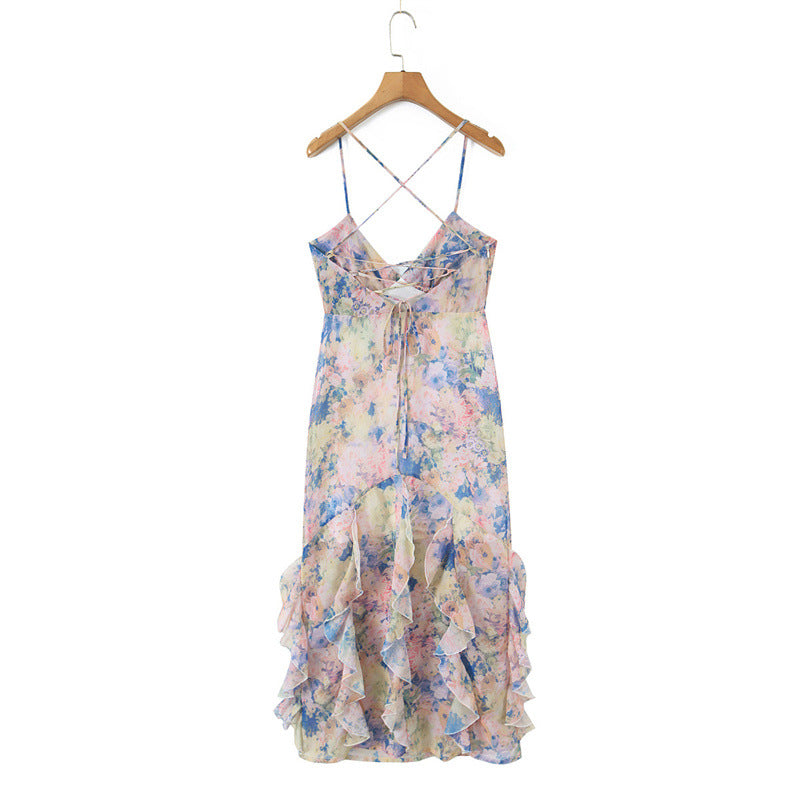 rebecca Floral print ruffle backless maxi dress - blue