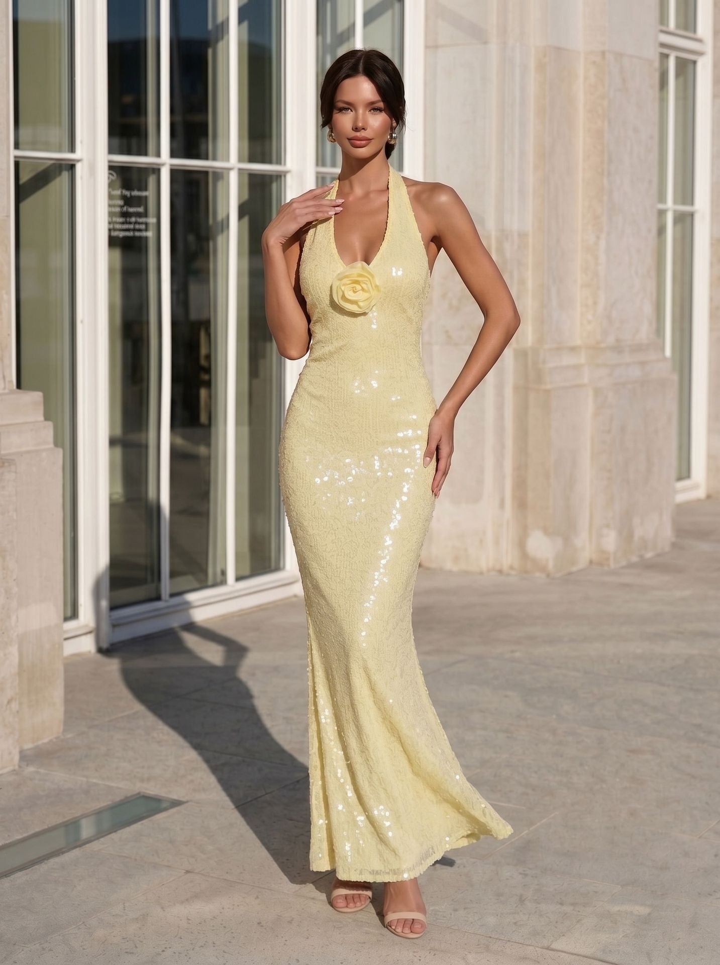 yellow sequins halterneck maxi dress