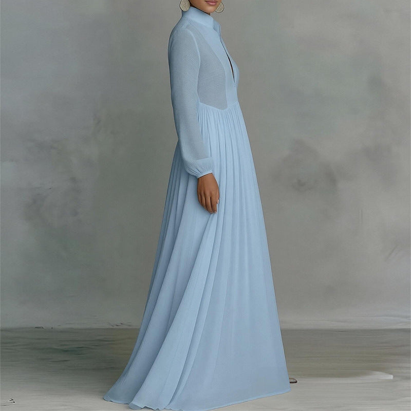 blue V-Neck Patchwork maxi Dress