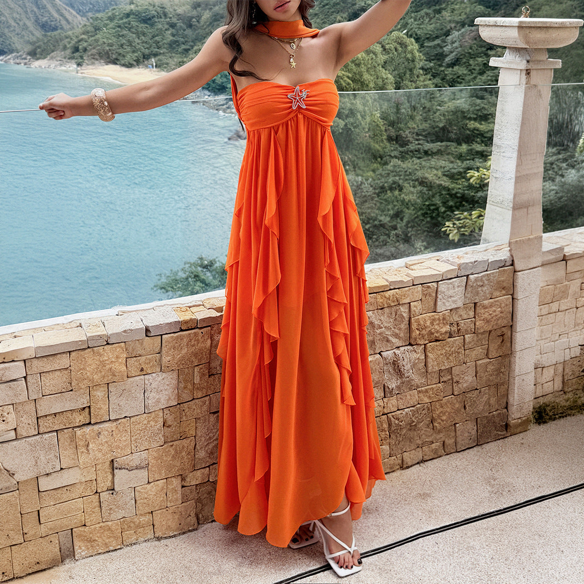 orange bandeau layered ruffled dress