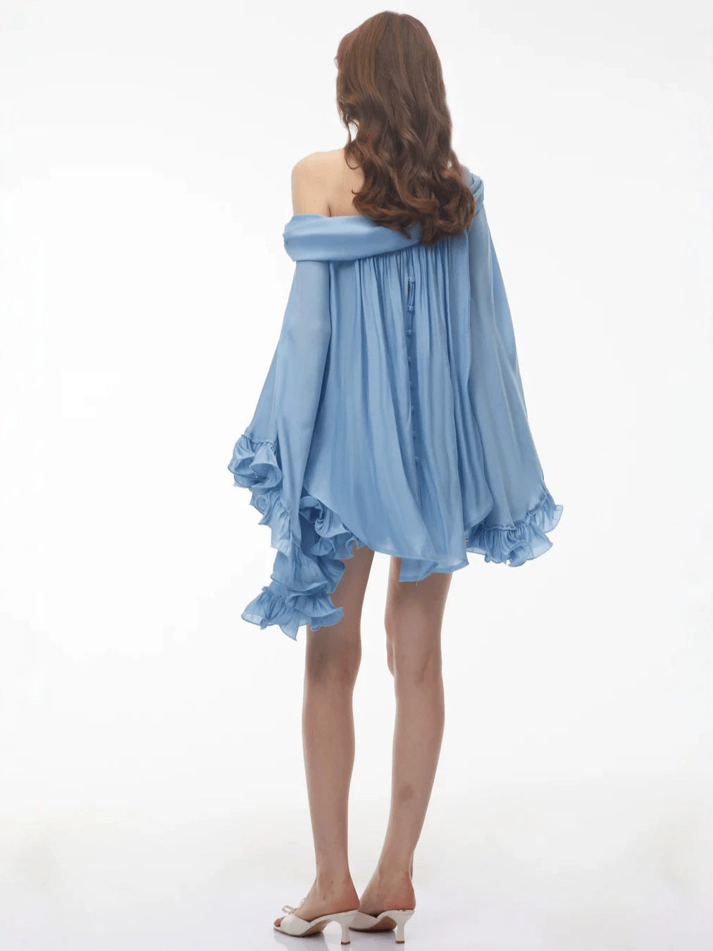 Off-shoulder petal-sleeve ruffled mini skirt set - blue