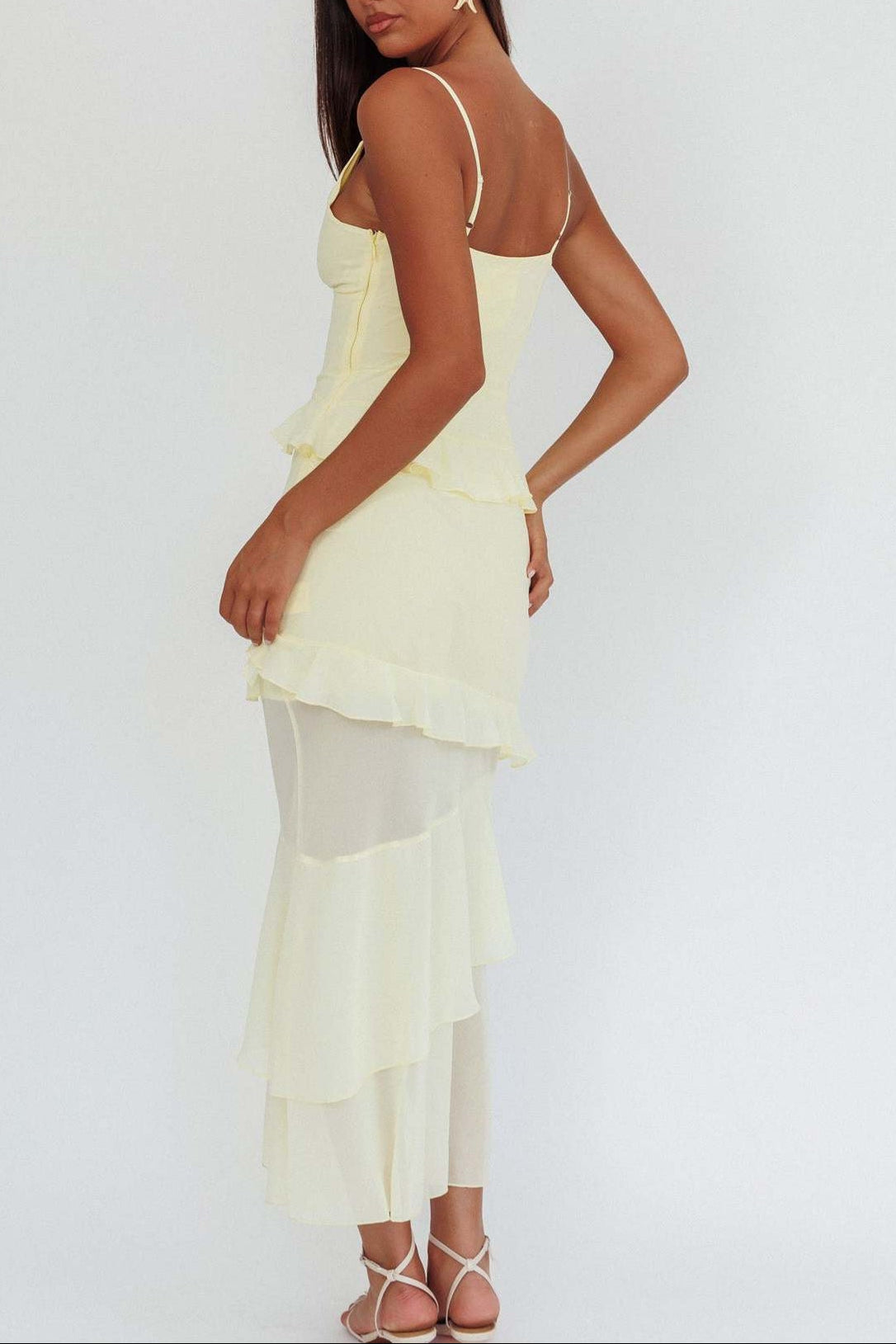 yellow backless suspender ruffled dress