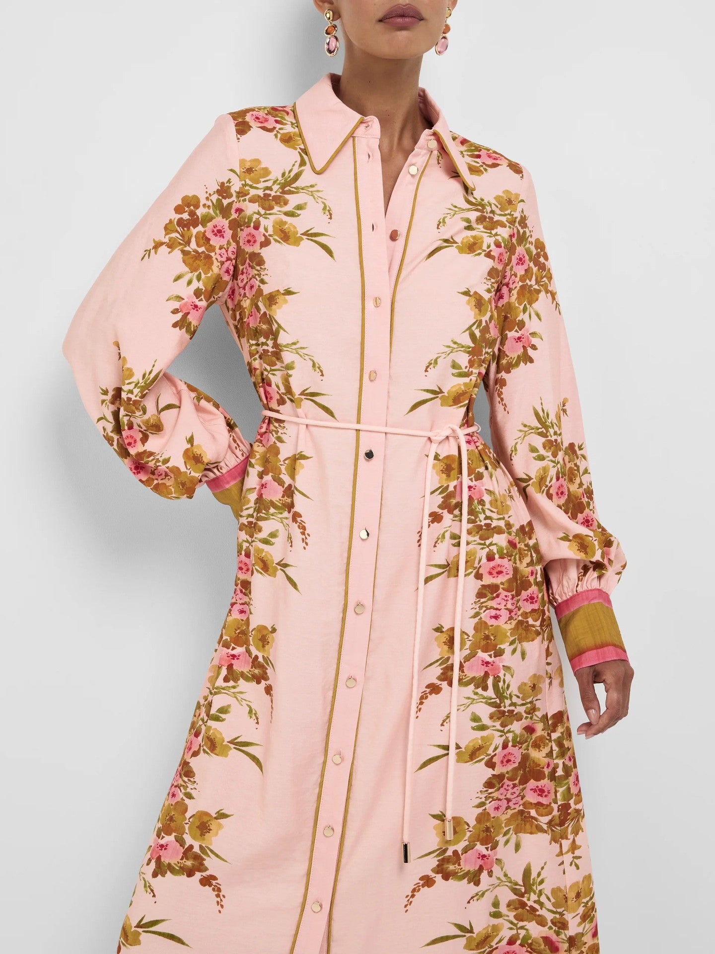Border Trim Floral Print Belted Shirt Midi Dress