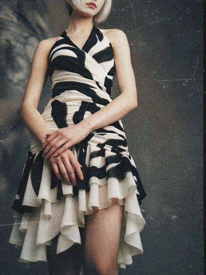 Irregular zebra pattern midi dress - black & white