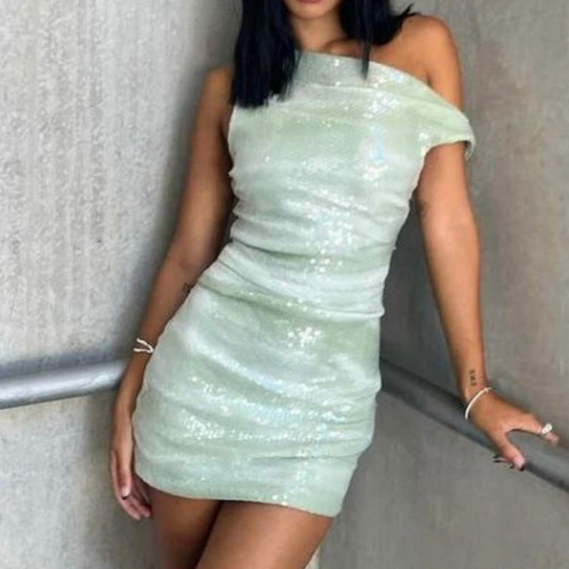 Off-shoulder sequined suspender bodycon mini dress