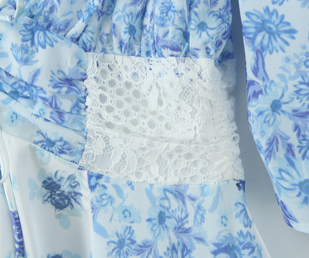 Floral lace patchwork deep V-neck puff sleeves mini dress