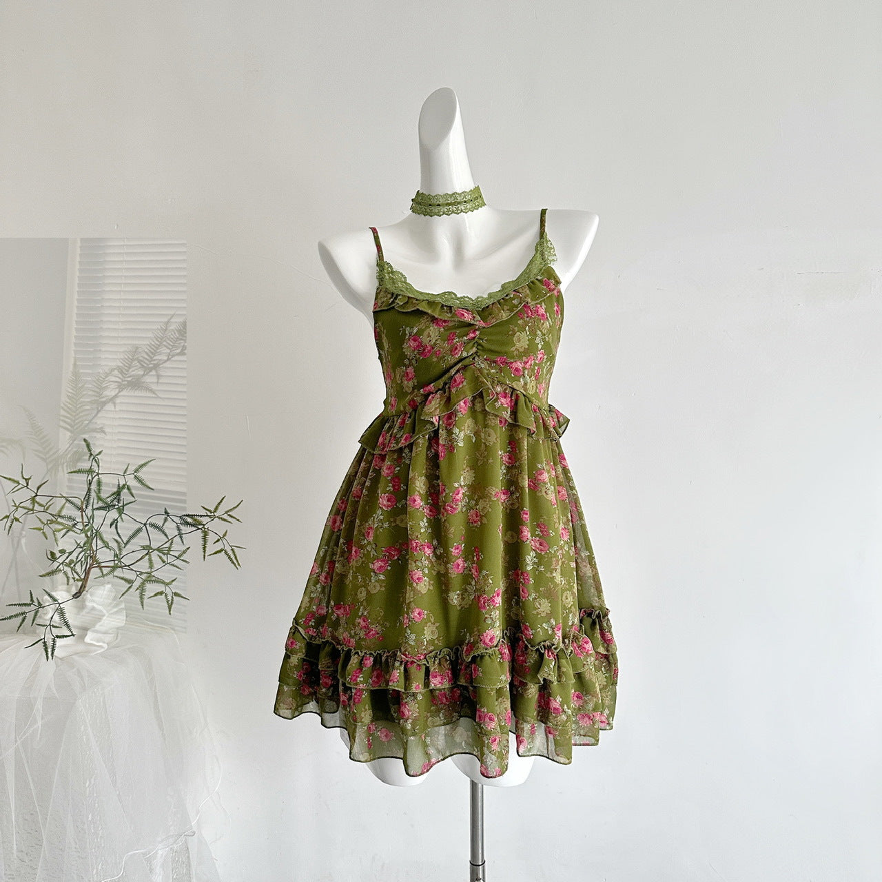 Country-style floral multi-layered cake mini dress - Green