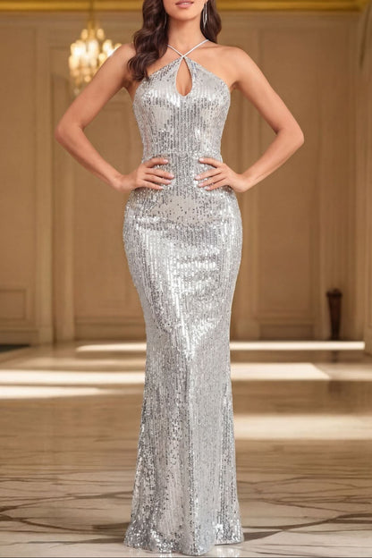 silver sequins halterneck open back dress