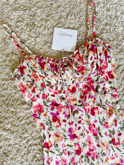 Front Tie Floral Spaghetti Strap Midi Slip Dress