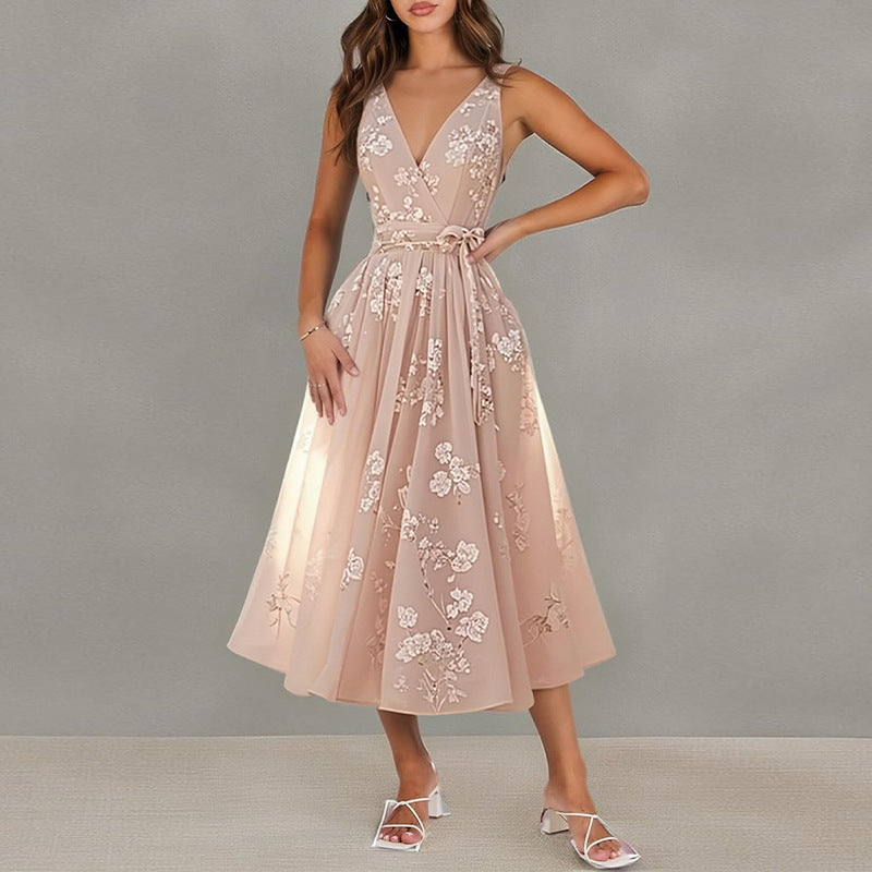 pink V-Neck Print Lace-up Sleeveless Dress
