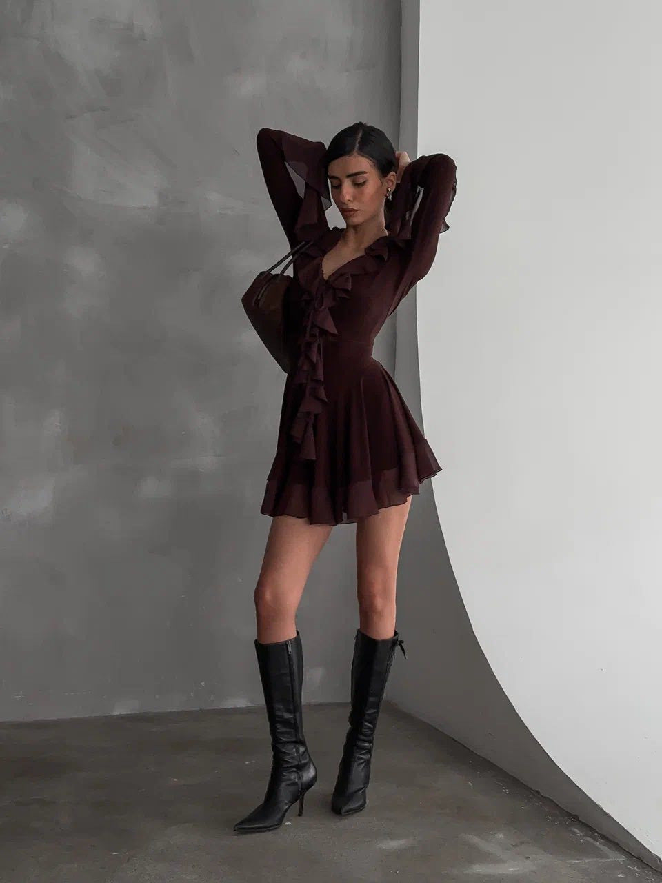 Deep-V mesh flared sleeves mini dress with ruffled trim