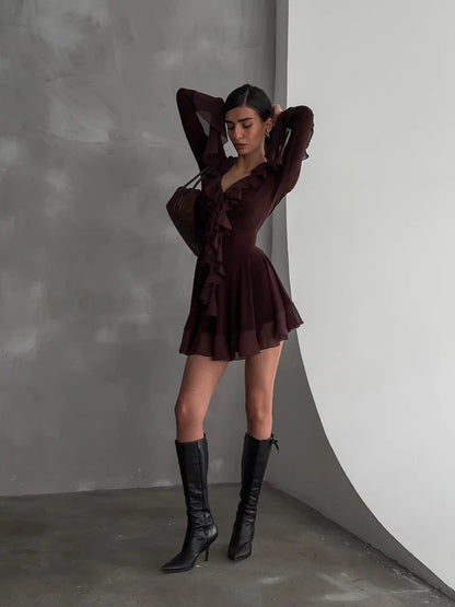 Deep-V mesh flared sleeves mini dress with ruffled trim