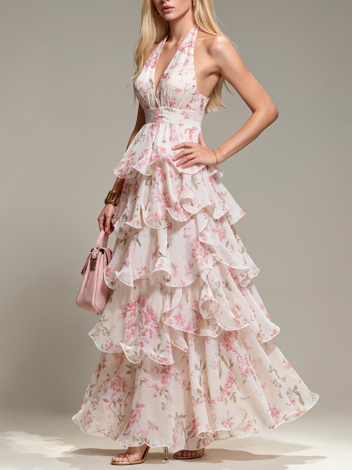 Floral Halter-Neck Chiffon Tiered maxi Dress with Silhouette