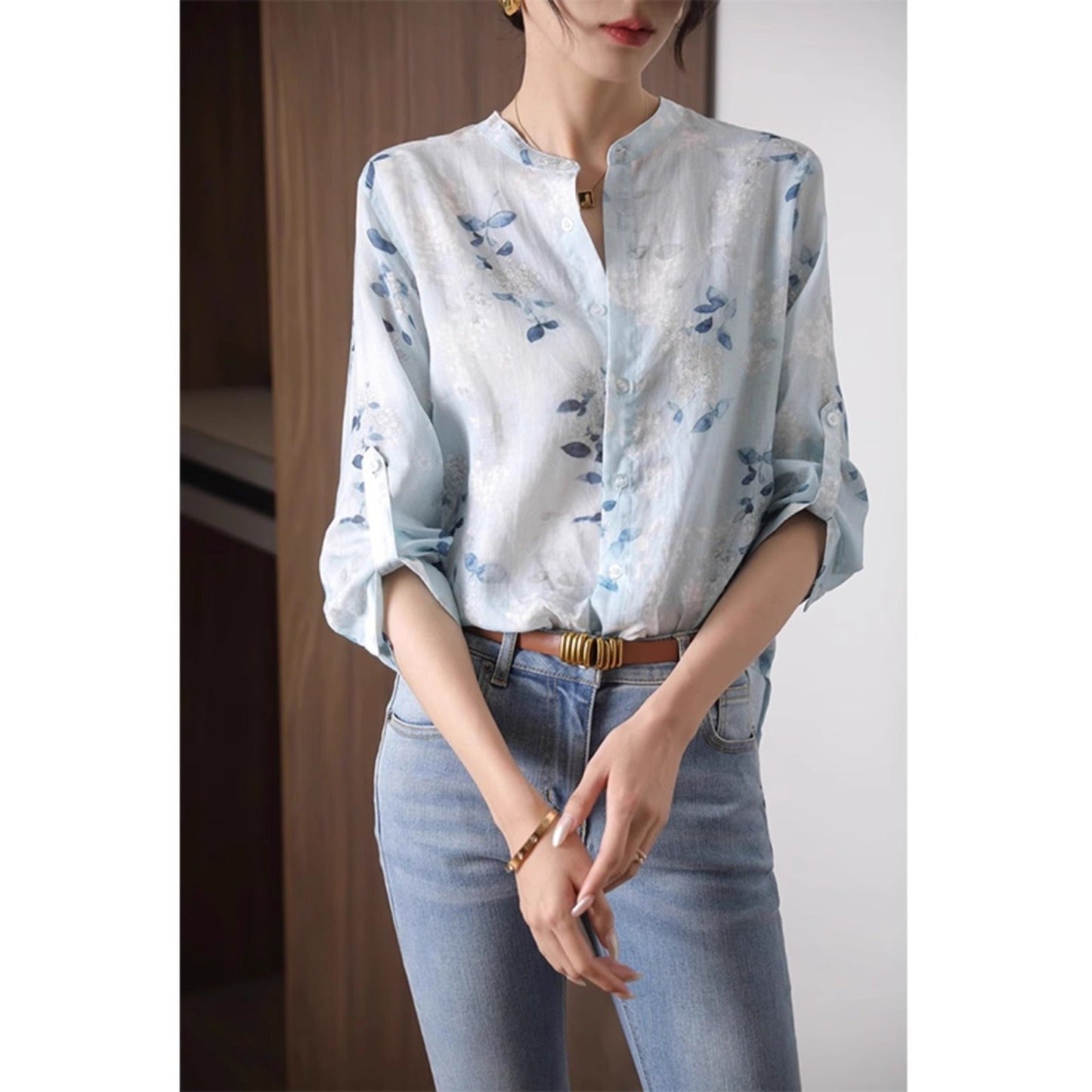 Three-quarter sleeve printed cotton shirt