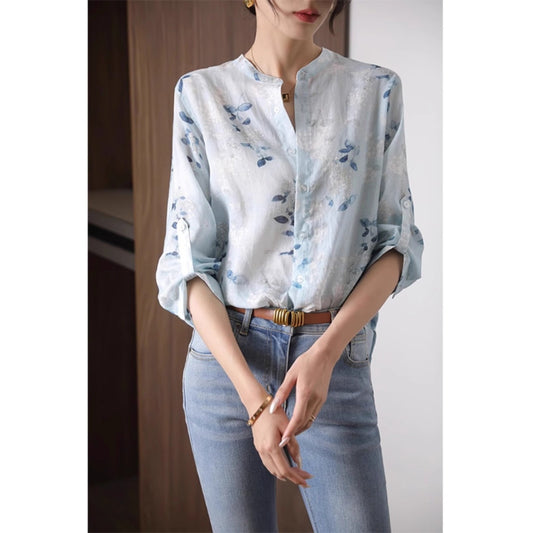 blue Three-quarter sleeve cotton shirt