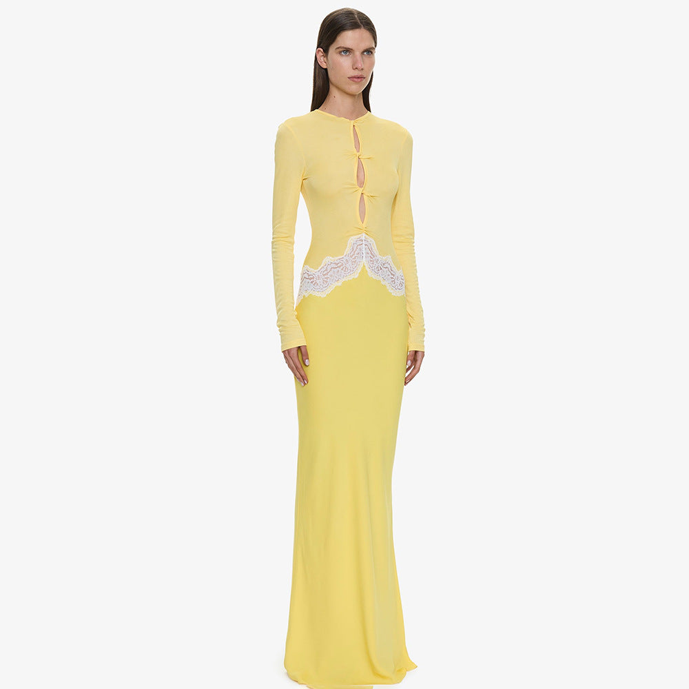 Yellow Long-Sleeve Keyhole Lace Dress Premium Fabric - product view 2