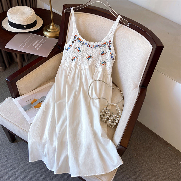 Hollow-out embroidered camisole midi dress