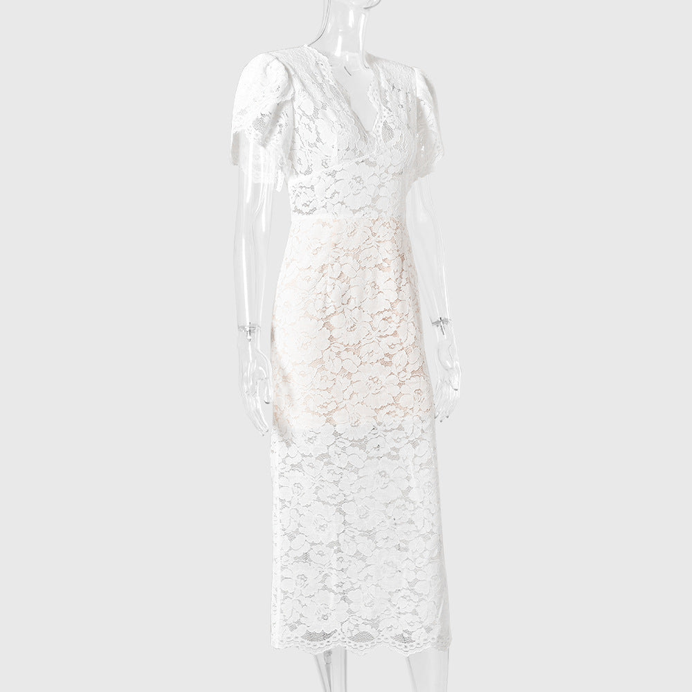 White Floral Lace Midi Dress Premium Fabric - product view 5