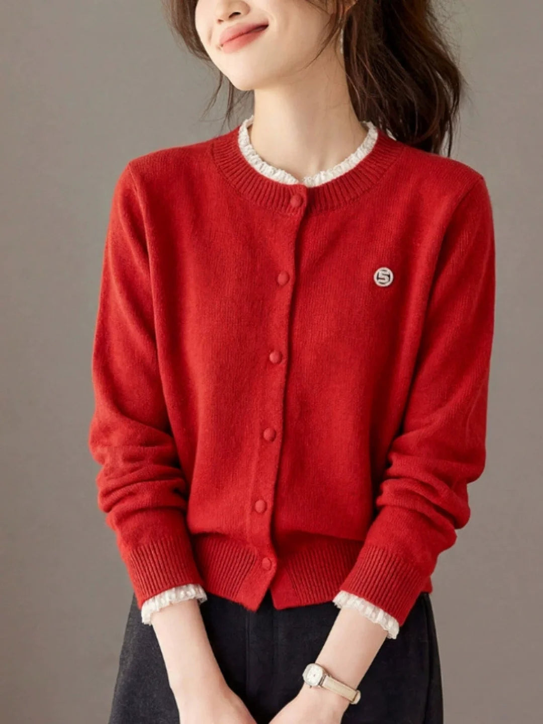 Loose-fit Lace-trim Knit Cardigan
