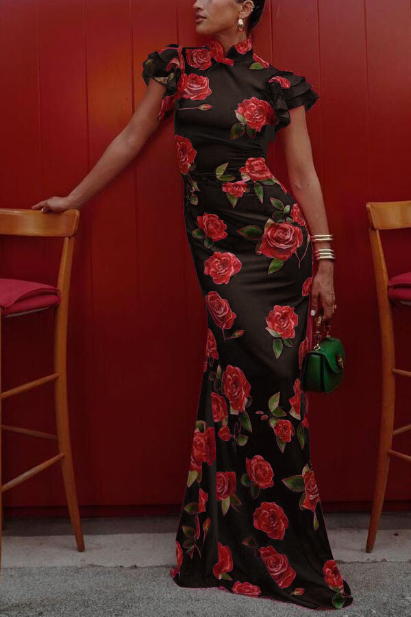 ruffle sleeve floral print bodycon maxi dress