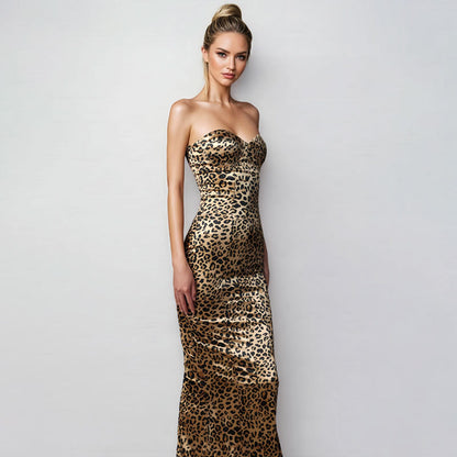 Leopard Print Strapless Bust-Wrapping Slit Dress