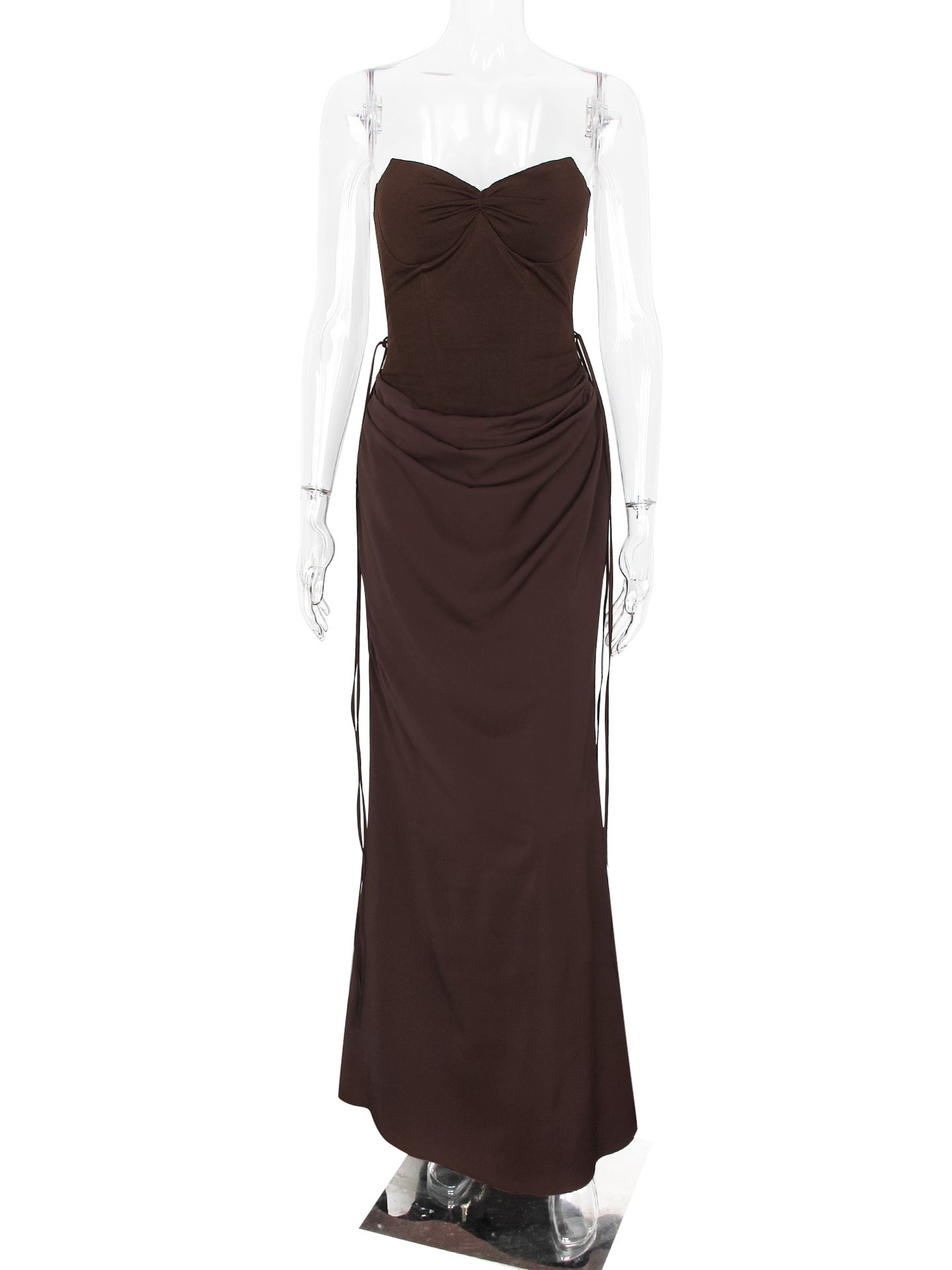 brown bandeau herringbone evening dress