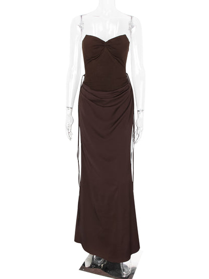 brown bandeau herringbone evening dress