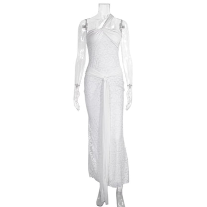 white slanted shoulder strap lace dress