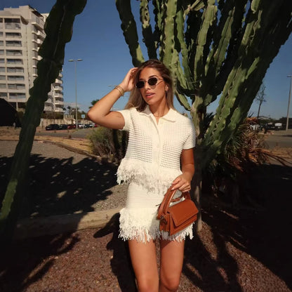 Cross-border European and American clothing AliExpress INS fringed short-sleeved knitted jacket + high-waisted miniskirt set