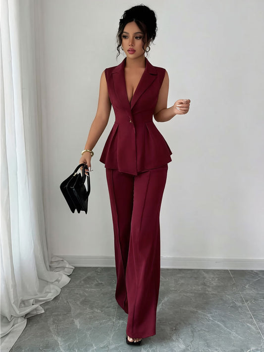 red wine Deep V-neck Sleeveless Pleated Top with Wide-Leg Pants Set