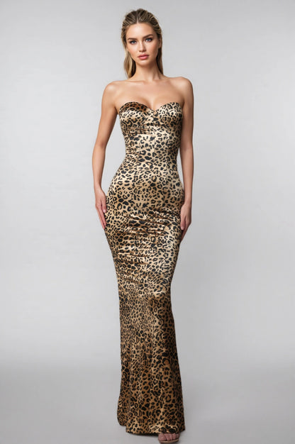 Leopard Print Strapless Bust-Wrapping Slit Dress