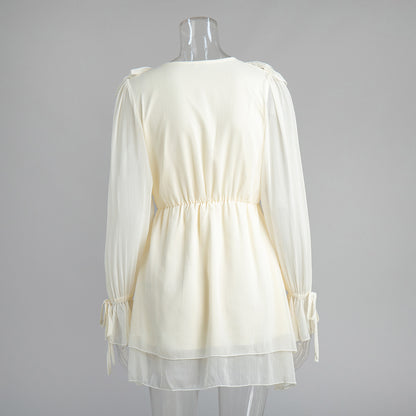 v-neck Ruffled tulle mini dress - apricot