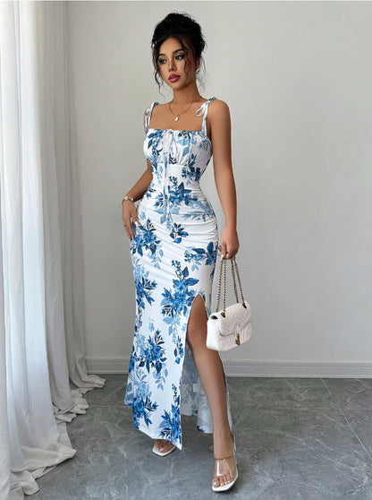 Tie-Strap Ruched Floral Split Mermaid Dress