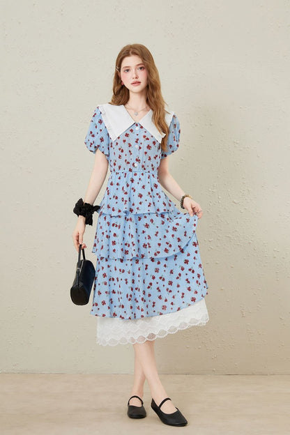 lace splicing print Tiered maxi dress in blue