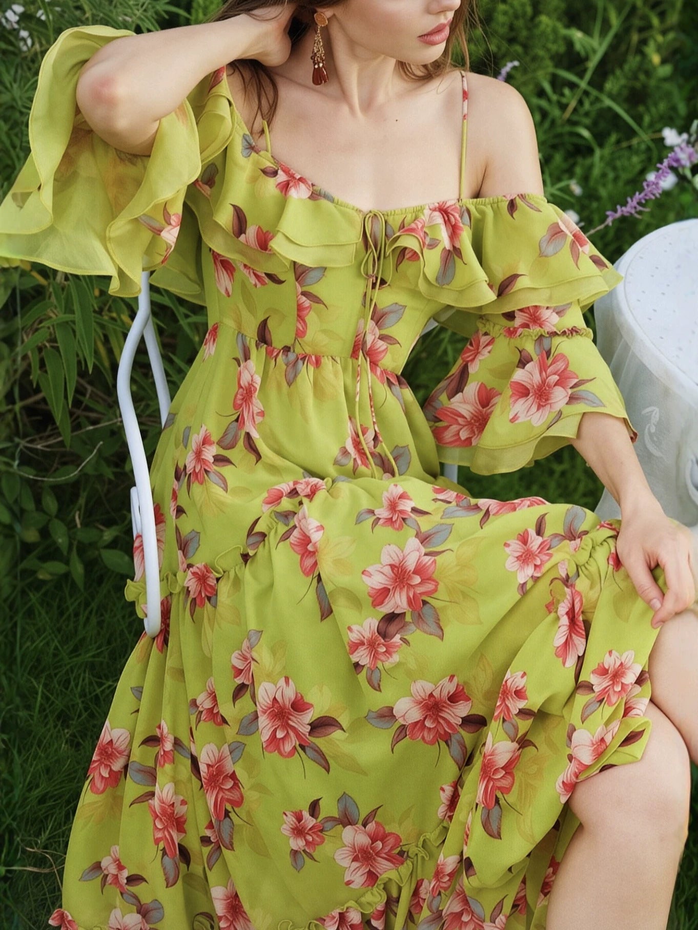 floral print ruffle slit camisole maxi dress - green