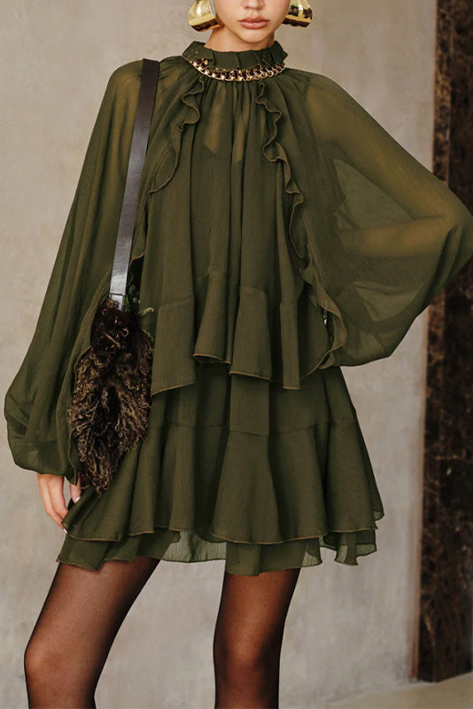 green ruffled tail mini dress