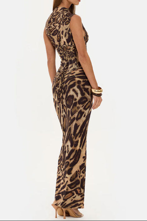 brown Fishbone Shaped Drawstring Dress