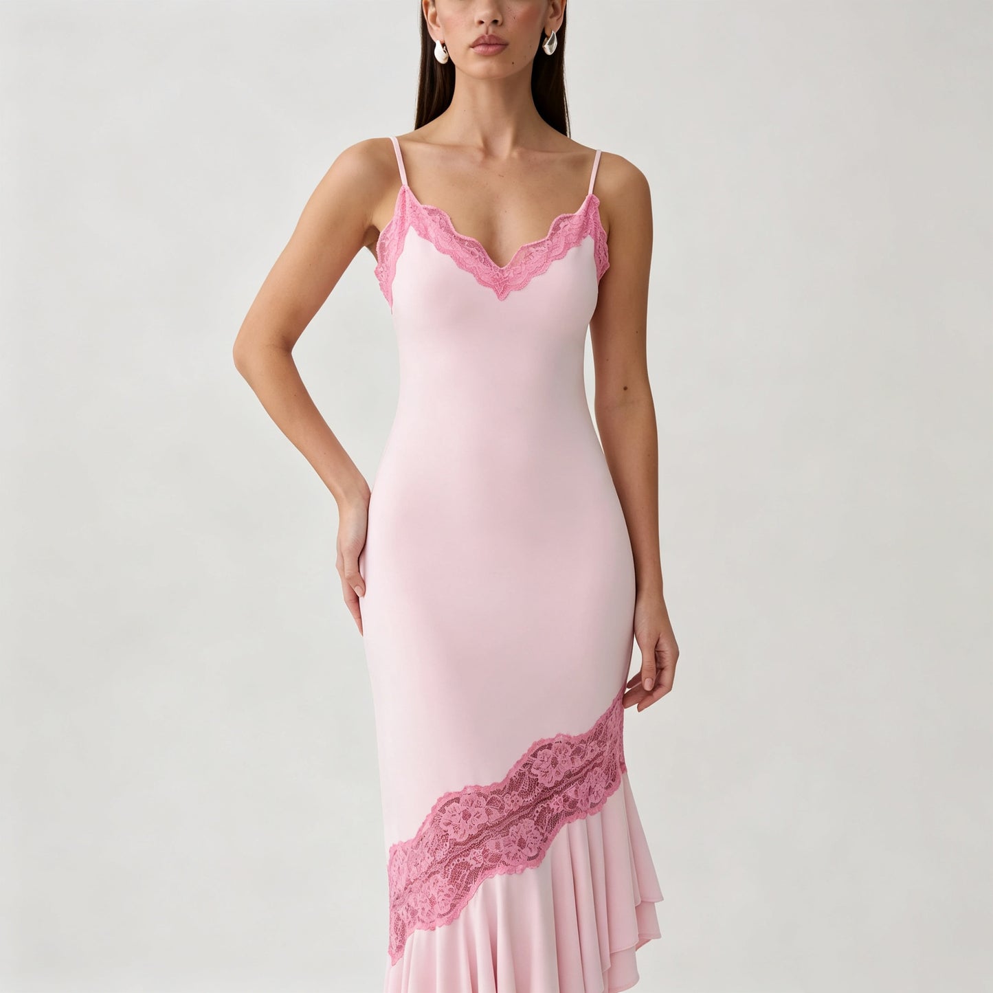 pink V-neck camisole maxi dress with asymmetrical lace splicing & cut-out