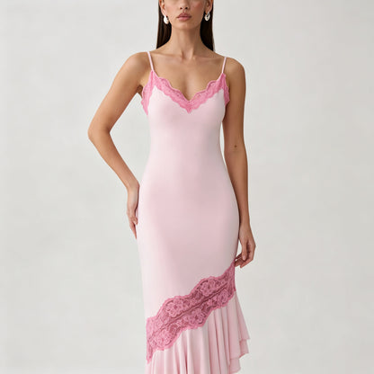 pink V-neck camisole maxi dress with asymmetrical lace splicing & cut-out