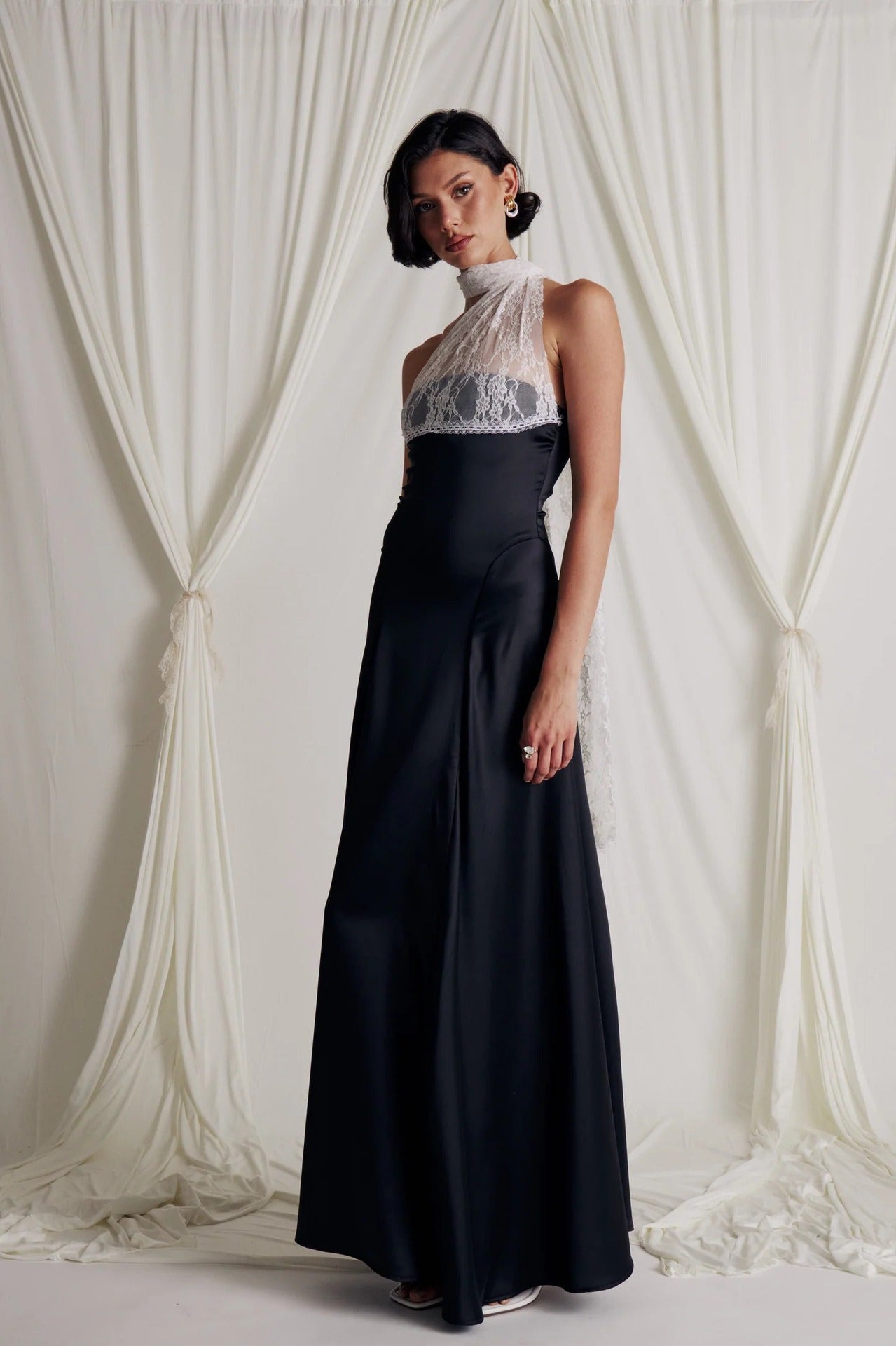 black halterneck lace patchwork satin dress