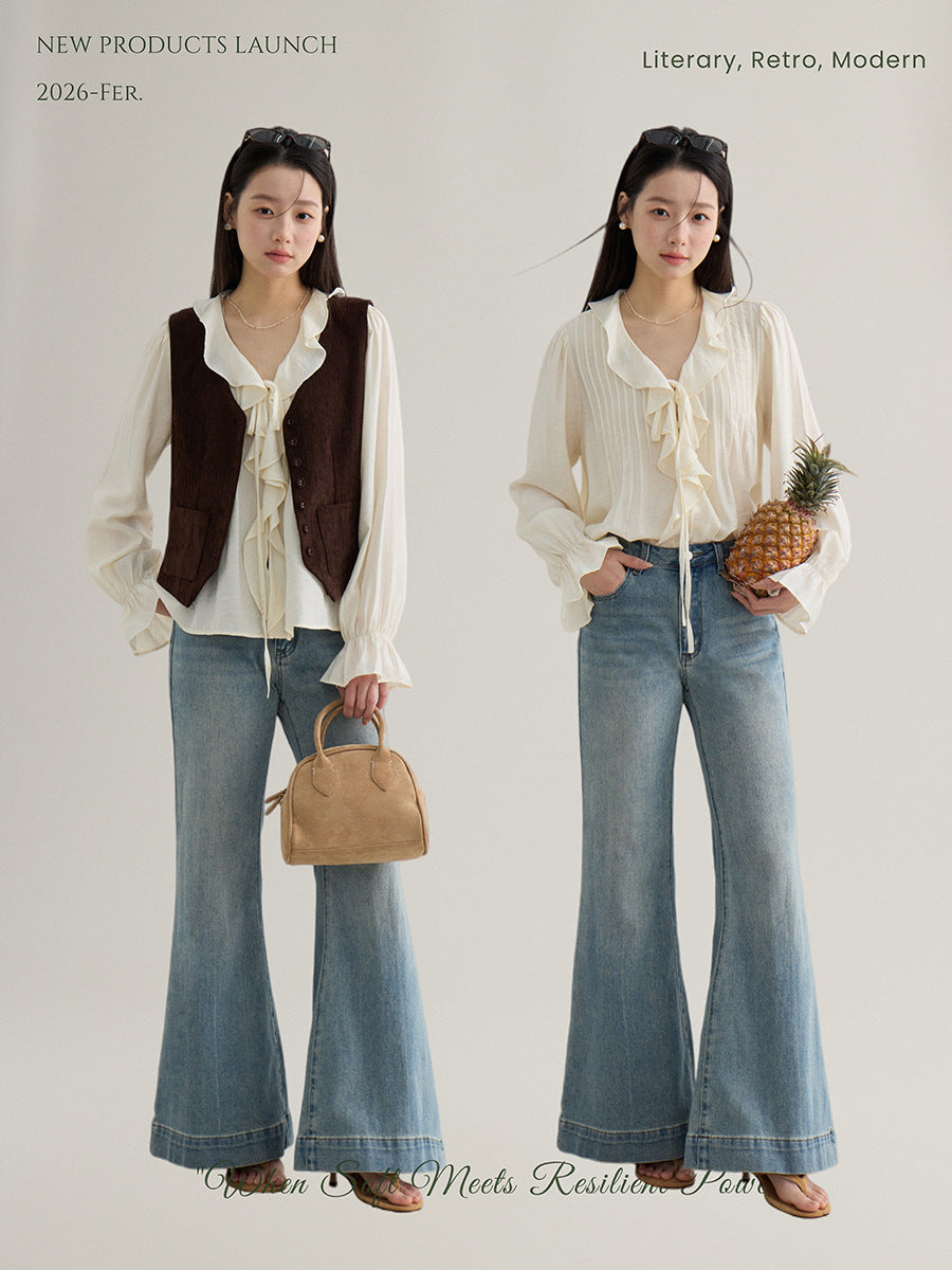 v-neck ruffle Bell-sleeved shirt