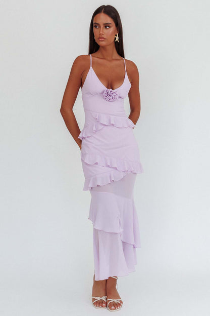 purple backless suspender ruffled dress