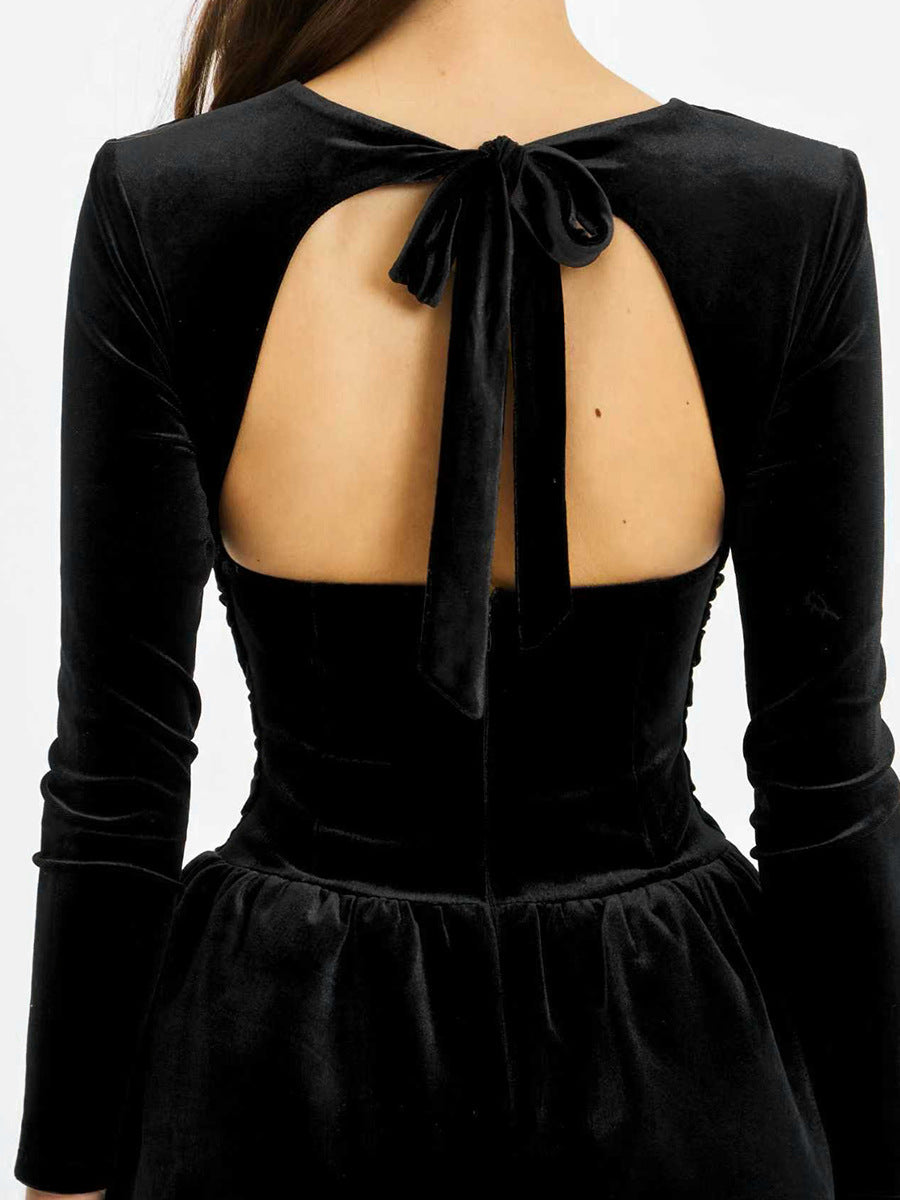 black velvet long-sleeved square neck dress