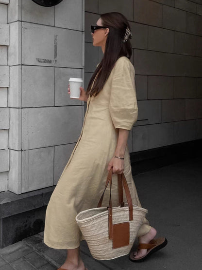 Loose-fitting puff sleeve V-neck cotton linen midi dress