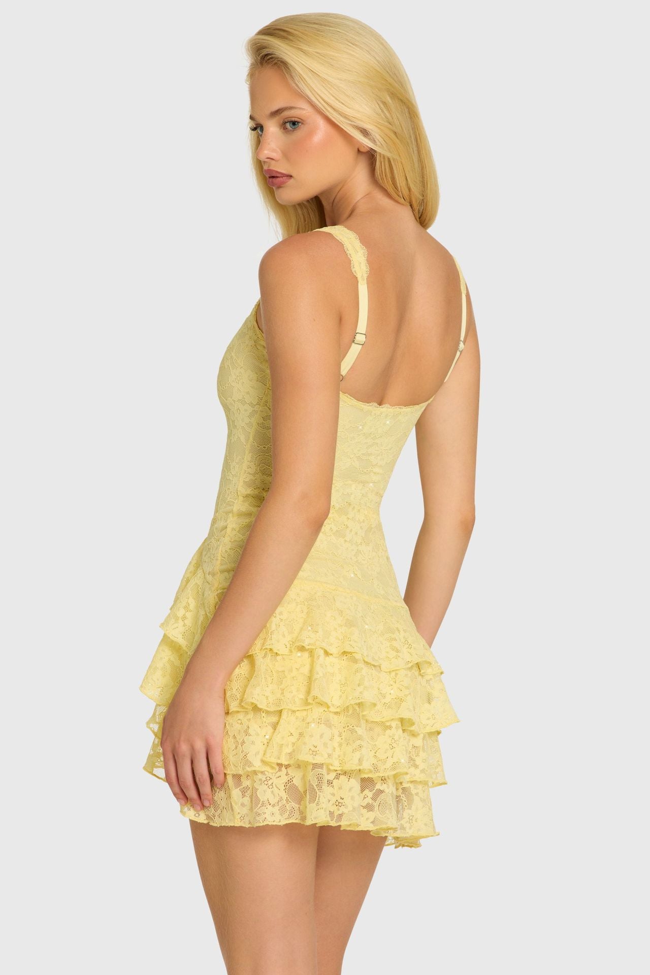 Square-neck sequin lace mini dress with tiered ruffle straps