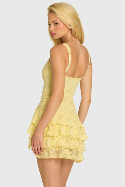 Square-neck sequin lace mini dress with tiered ruffle straps