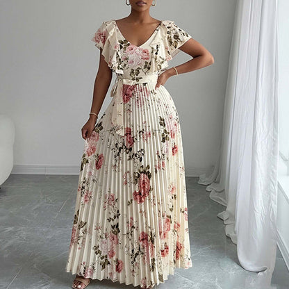 floral print ruffle sleeve V-neck pressed pleated long dress