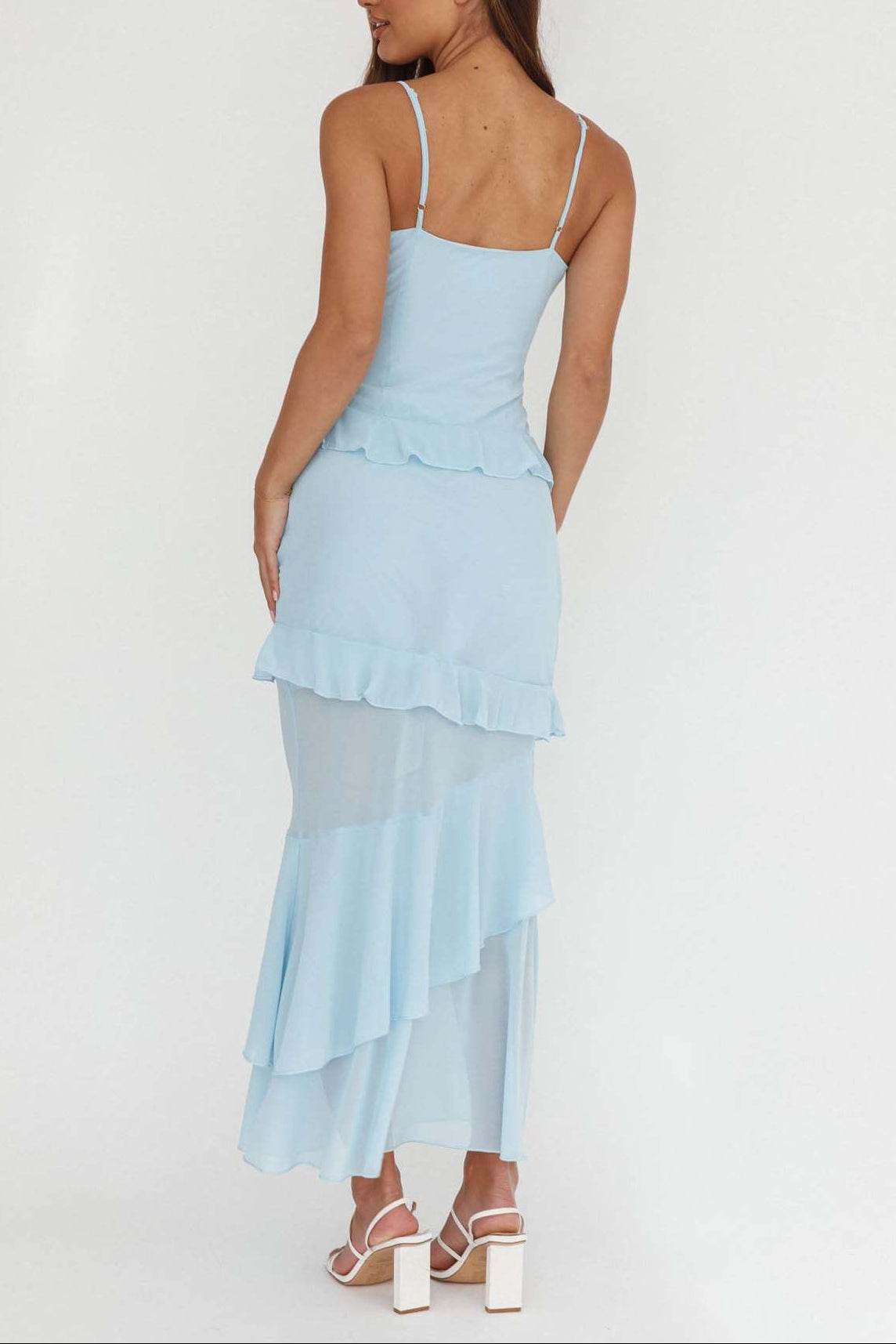 blue backless suspender ruffled dress