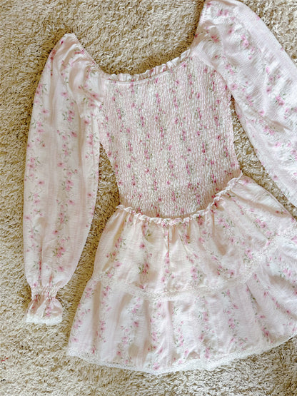 pink floral lace crochet lace layered long-sleeve dress