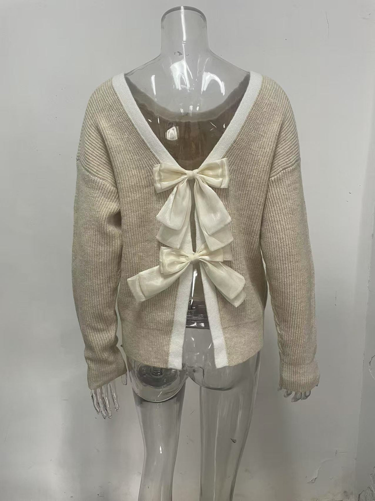 Relaxed Fit Ribbed Knit Sweater with Contrast Trim Crew Neck Premium Fabric - product view 4